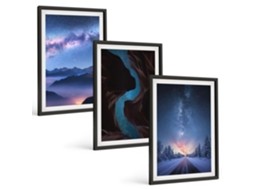 Composição De Quadros Céu Noturno Com Montanhas E Paisagem De Inverno Moldura Preta Fotos Para O Escritório Espelharte (3 Piezas De 40x60 Cm)