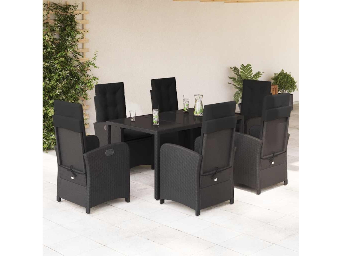 Vidaxl 7 Pcs Conjunto De Jantar P/ Jardim C/ Almofadões Vime Pe Preto