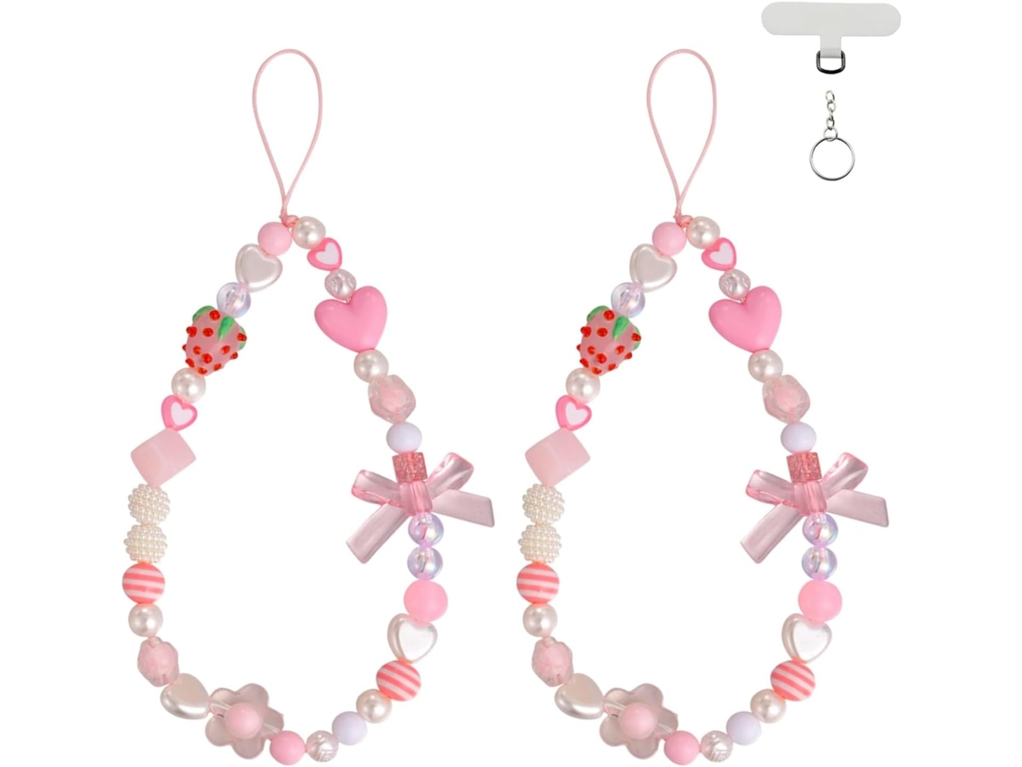 Pingente Para Celular Com Alça Estética, Pingente Fofo E Kawaii De Morango Para Capinha De Celular Com Laço Em Formato De Coração, Contas Rosa/brancas