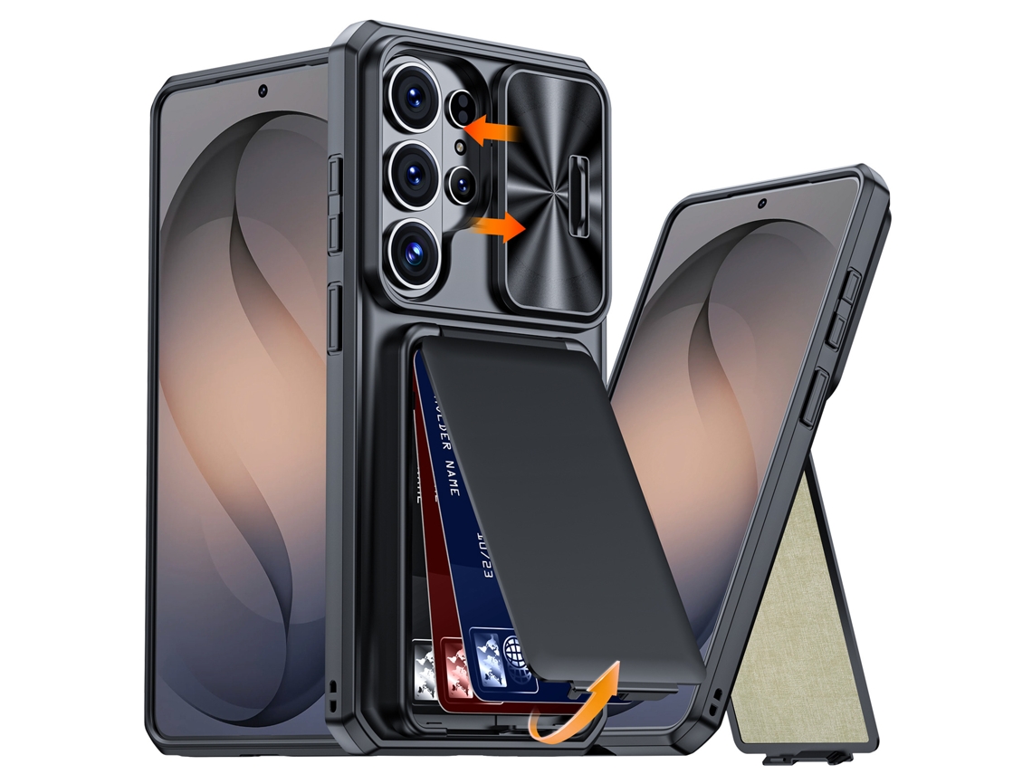 Capa Para Celular (samsung S26 Ultra Preta) Com Suporte Magnético Para Cartões, Proteção Total, Resistente A Quedas E Com Janela Deslizante.