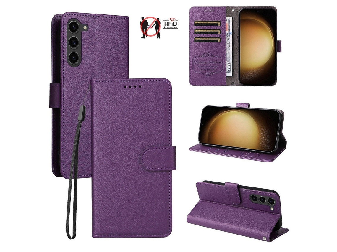 Capa De Couro Para Celular Com Bloqueio Rfid E Textura De Lichia Para 3 Cartões