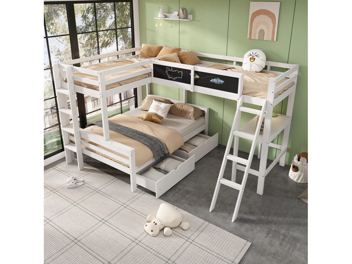Beliche Infantil Para Três Crianças, Com Gavetas, Em Pinho, Escrivaninha E Prateleira, 140x200cm, 90x200cm, Branco.