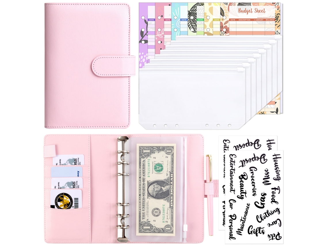 A6 Macaron Pu Leather Loose Leaf Budget Cash Binder With Zipper Pouches And Envelopes Girl Pink, Includes 8-zipper