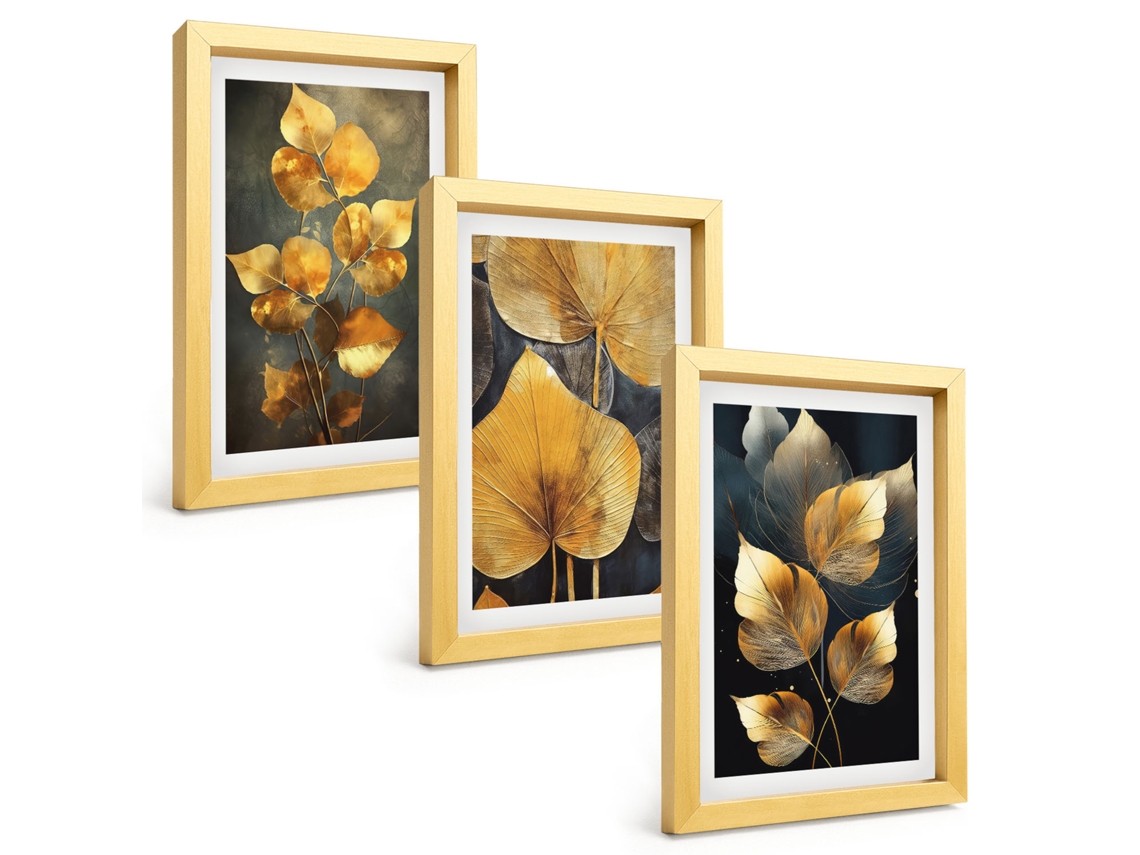 Composição De Quadrosfolhas, Amarelo, Fundo Escuro Moldura Dourada Imagens Para Um Quarto Infantil Espelharte (3 Peças 20x30 Cm)