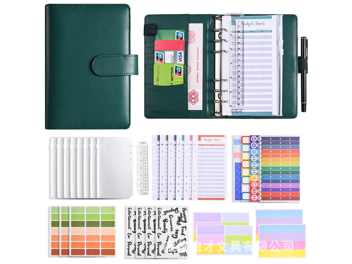 A6 Binder Cash Budget Planner, Pu Leather With Zipper Pouch, Macaron Style, Dark Green Deluxe Gift Set 12-budget Cards