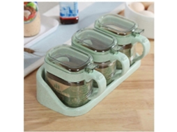 Conjunto de 3 Frascos de Especiarias de Vidro Transparente com Tampa Cuchara e Base para Cozinha Cor Verde