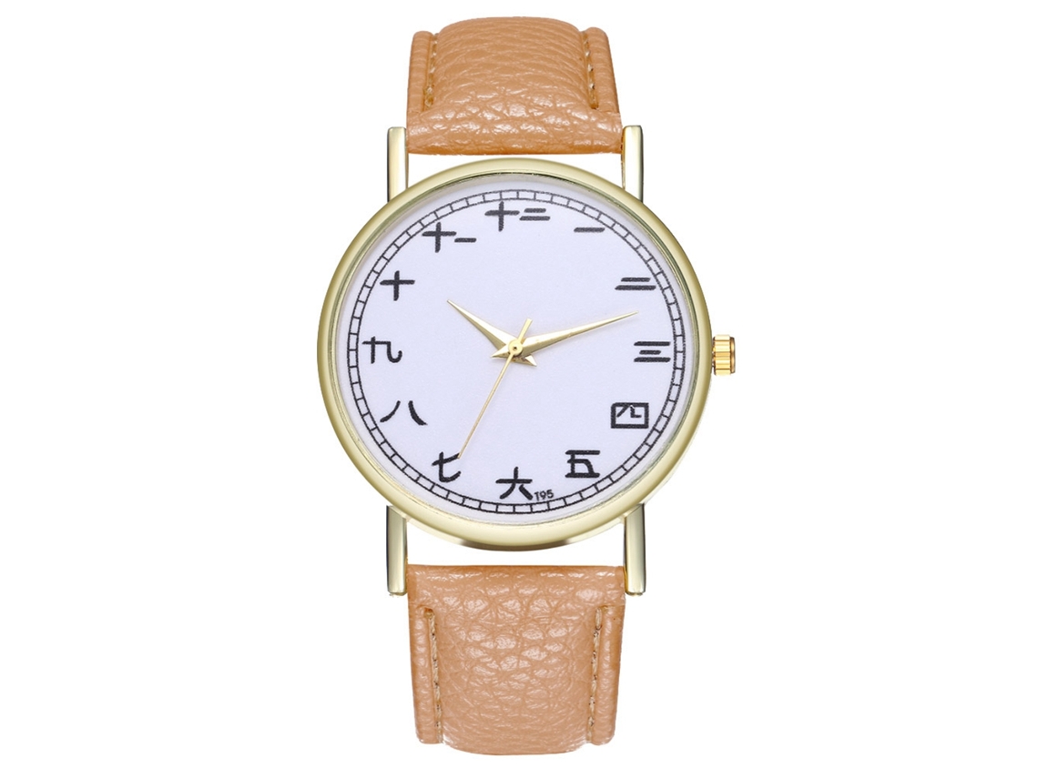 Relógio feminino de quartzo com pulseira de couro PU e mostrador redondo bege moderno.