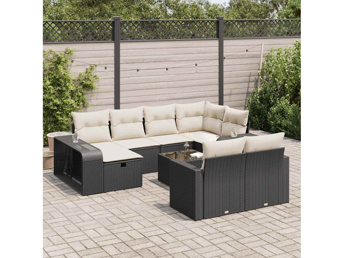 Vidaxl 11 Pcs Conjunto Sofás De Jardim C/ Almofadões Vime Pe Preto