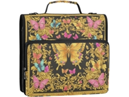 Organizador de Fichário com 3 Argolas, Alça e Vários Bolsos para Escola Escritório. Design Retrô Borboleta. do