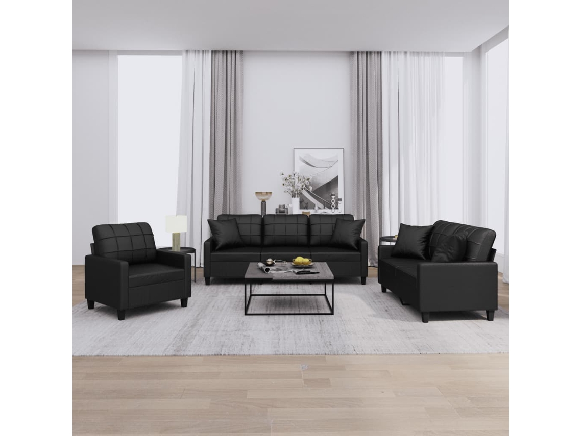 Vidaxl 3 Pcs Conjunto De Sofás Com Almofadas Couro Artificial Preto