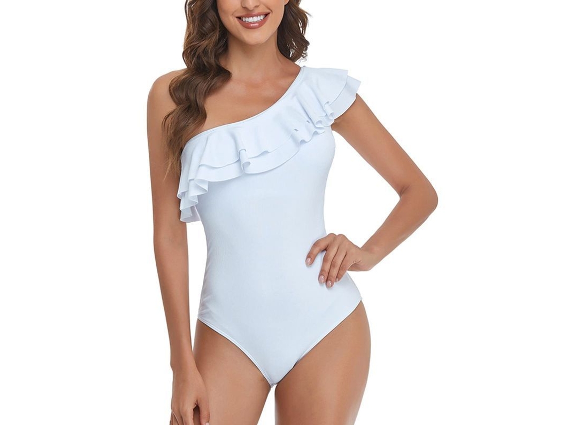 Maiô feminino de uma manga só com babados nas costas e modelagem justa.