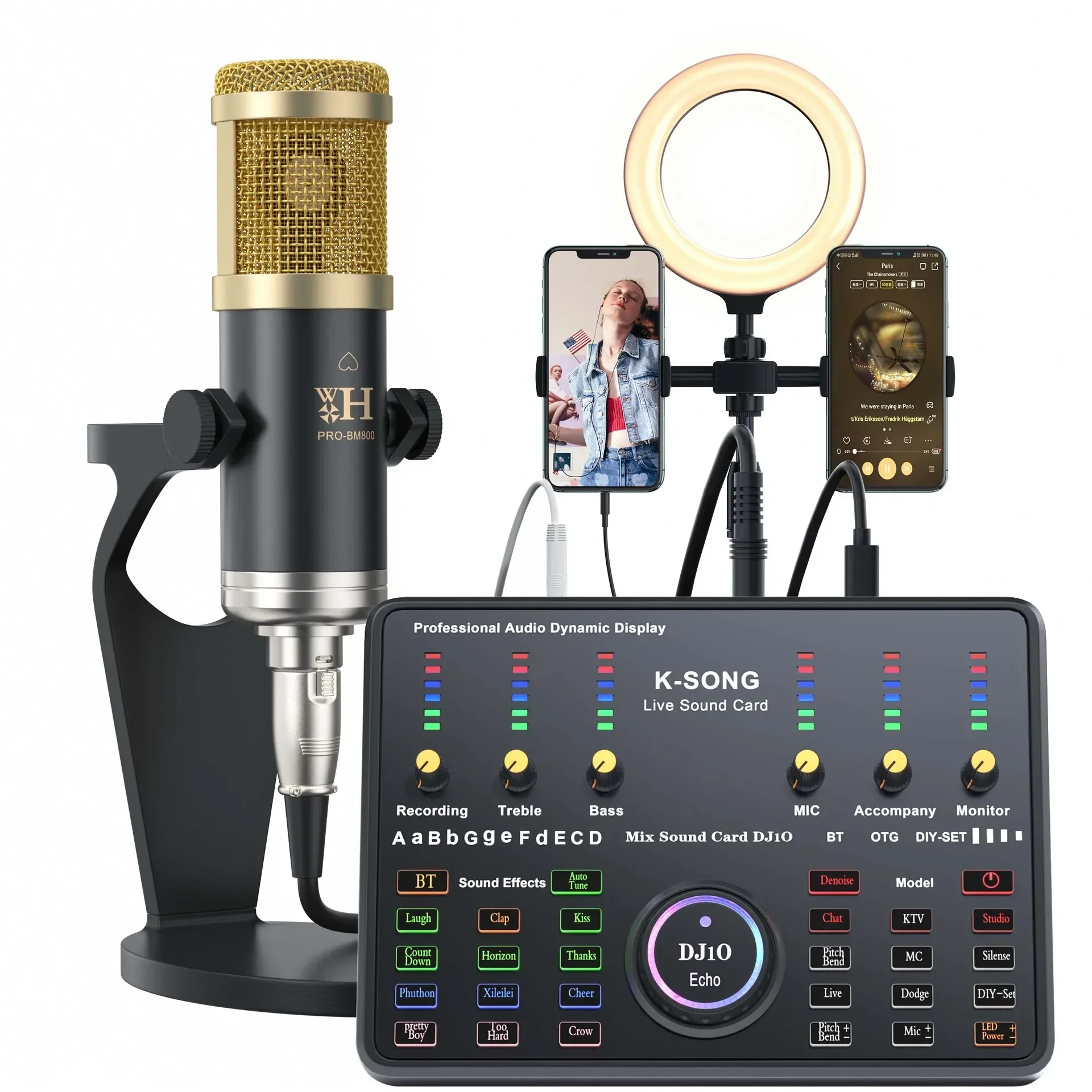 Kit de Placa de Som MDUG com microfone condensador de estúdio (quadrada, preta e dourada)