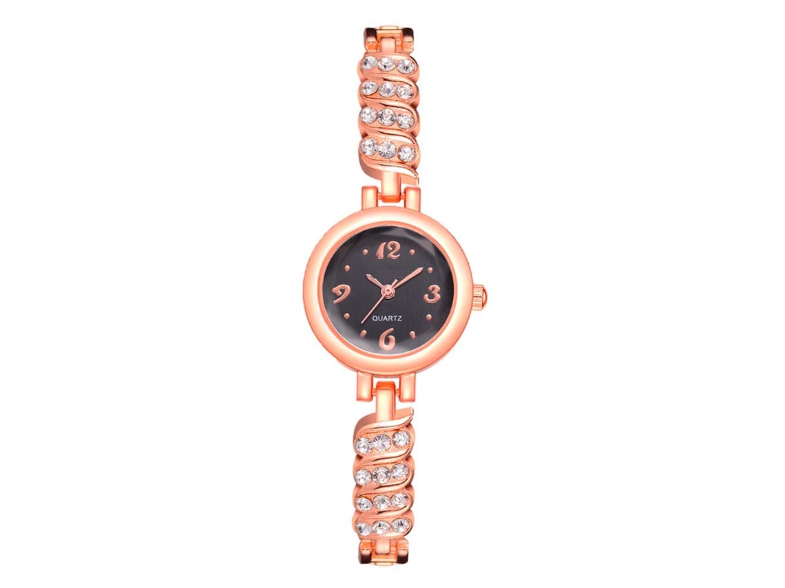 Relógio Feminino de Quartzo com Pulseira de Brazalete e Cristais, Rose Gold+black