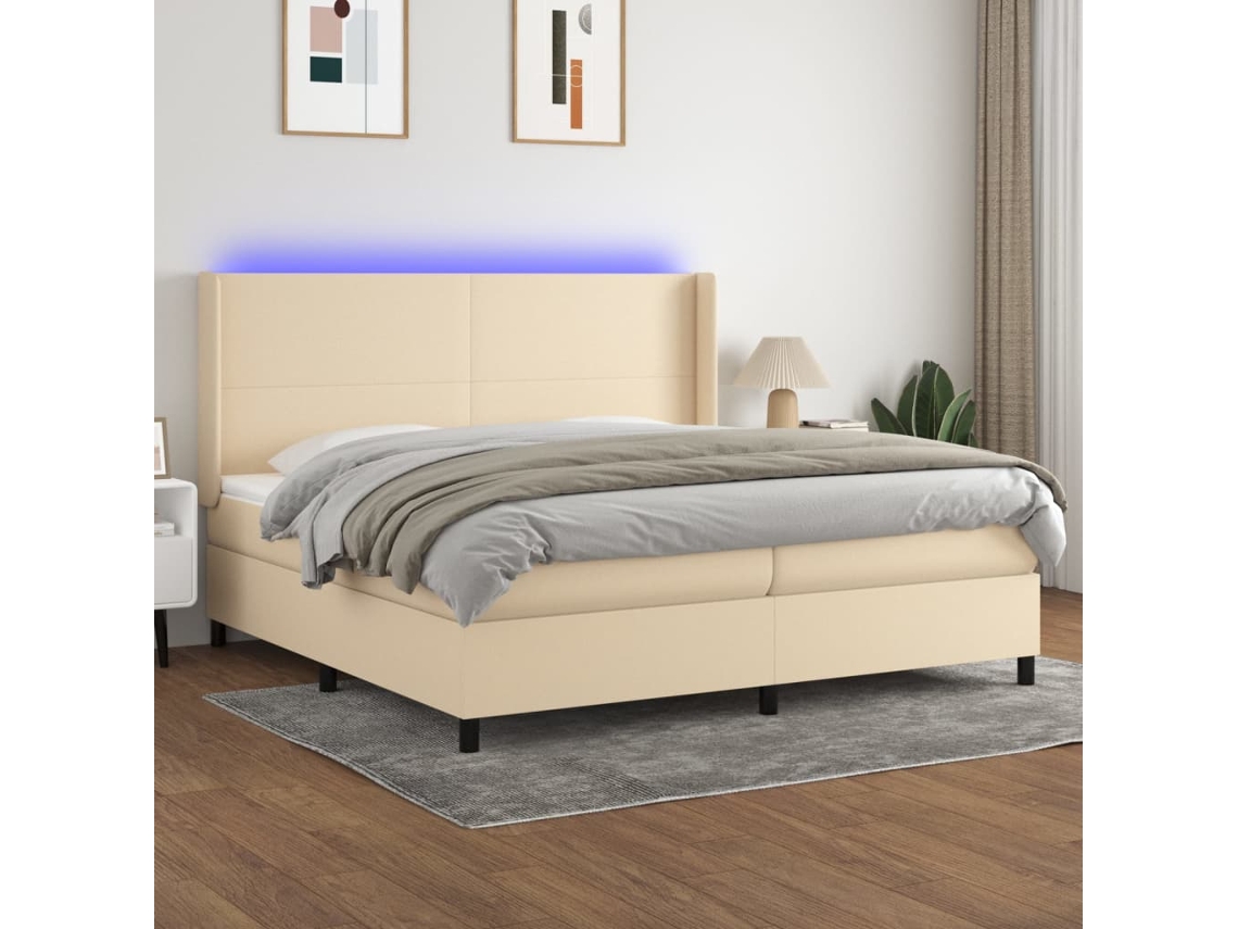 Vidaxl Cama Box Spring C/ Colchão E Led 200x200 Cm Tecido Cor Creme
