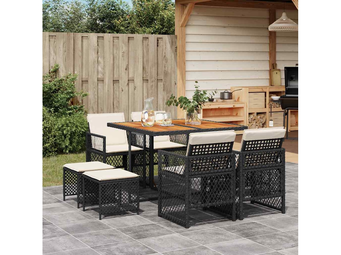 Vidaxl 9 Pcs Conjunto De Jantar P/ Jardim C/ Almofadões Vime Pe Preto