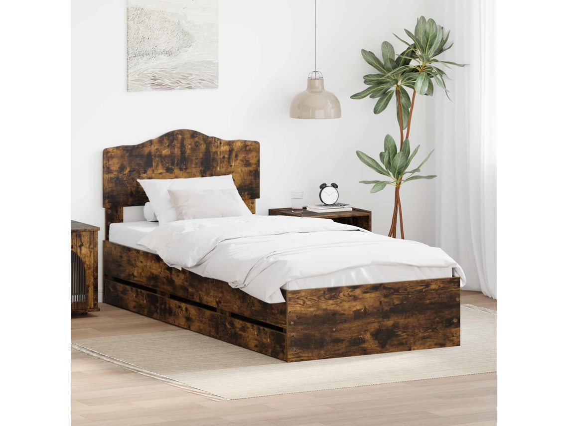 Vidaxl Estrutura Da Cama Com Gaveta Carvalho Defumado 75 X 190 Cm