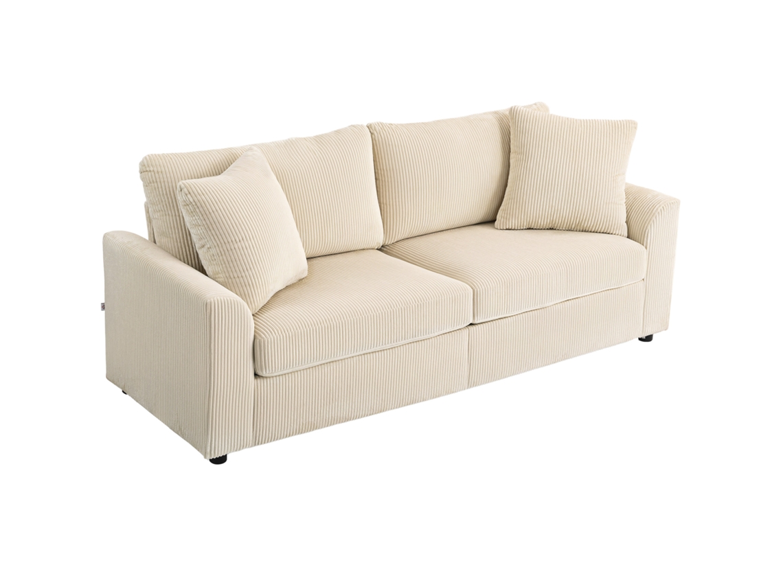 Sofá 3 lugares veludo cotelê creme 212x80x88 cm com 2 almofadas de braço, molas | S/MARCA