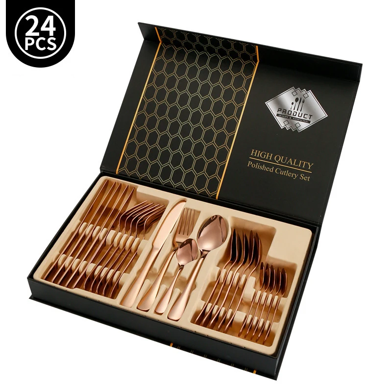Conjunto De Jantar (ouro Rosa, 24 Peças), Luxuoso, Com Faca, Garfo E Colher Em Aço Inoxidável, Estilo Minimalista, Acompanha Caixa Para Presente.