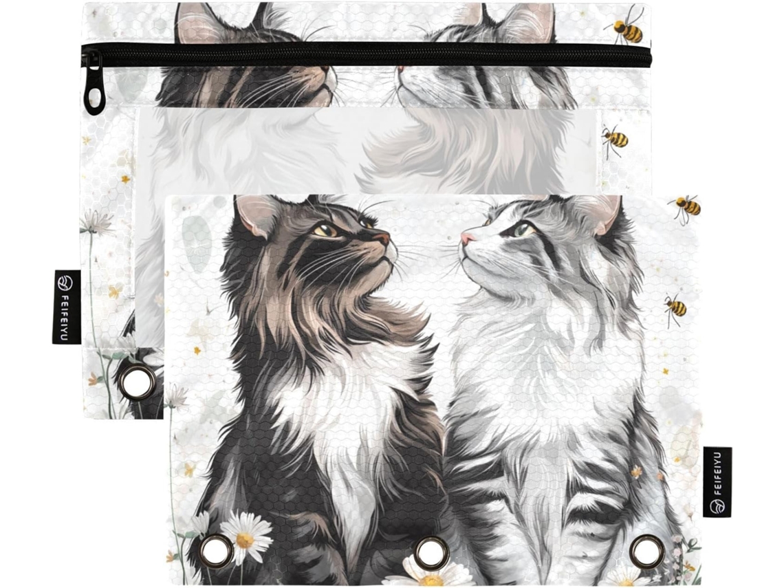 Porta Canetas Com Desenho De Gato Maine Coon, Fecho Transparente, Bolsos Espaçosos, 3 Furos Guardar Materiais