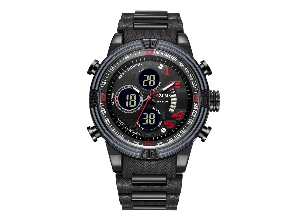 Relógio esportivo eletrônico masculino com pulseira de aço, plástico à prova d'água, preto/vermelho