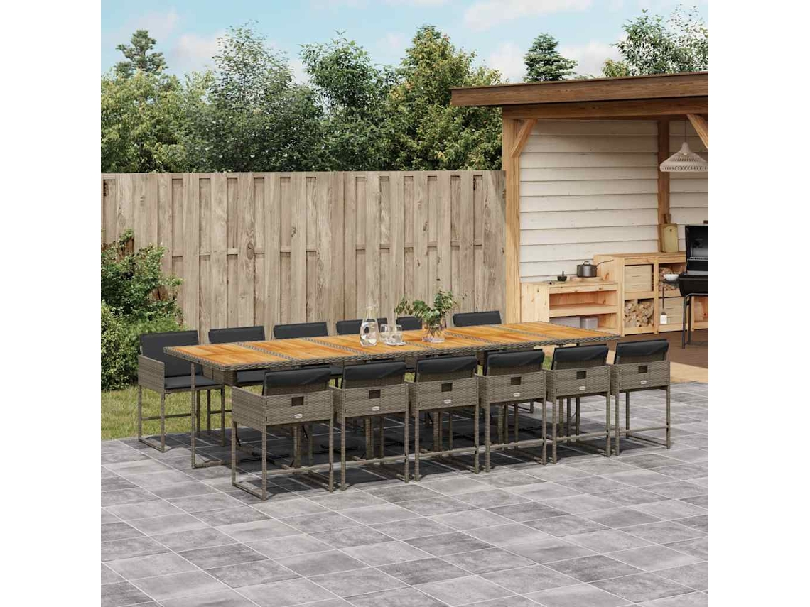 Vidaxl 13 Pcs Conjunto Jantar P/ Jardim C/ Almofadões Vime Pe Cinzento