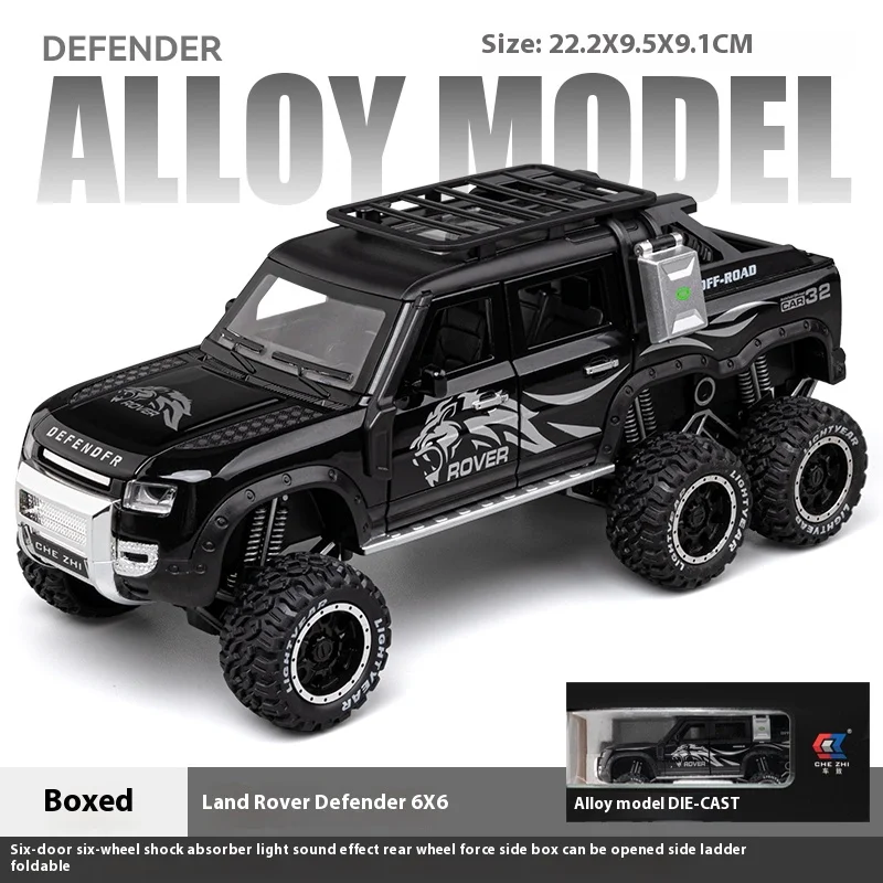 (preto) Miniatura Em Escala 1:24 Do Land Rover Defender, Veículo Off-road De Seis Rodas Com Som E Luz Simulados.