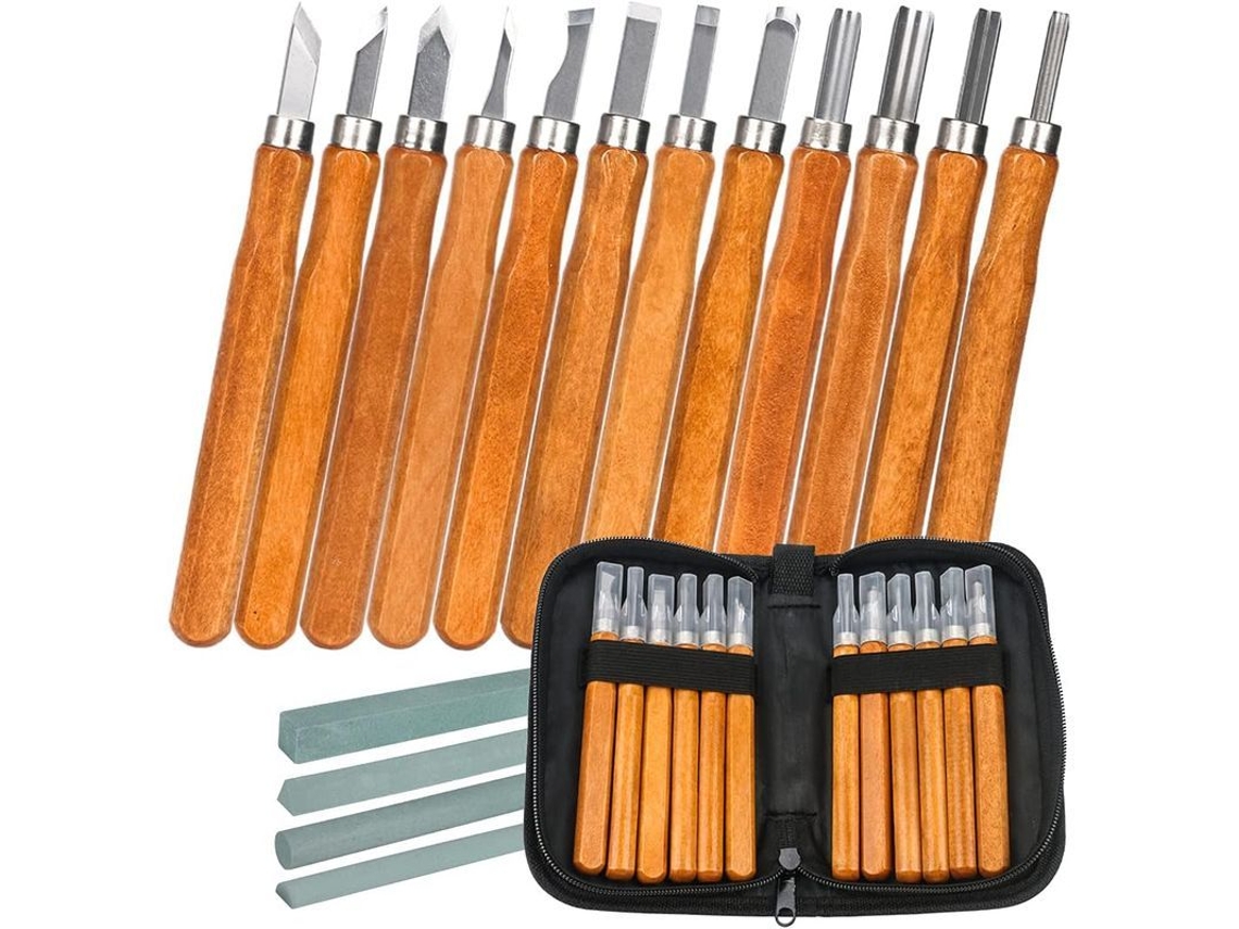 Kit de Ferramentas de Gravura em Madeira, 12 peças, com Pedras de Afiar e Bolsa, para Carpinteiros e Entusiastas
