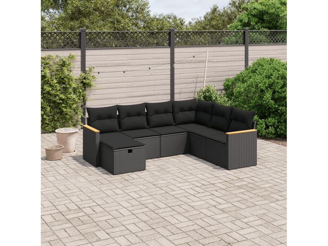 7 Pcs Conjunto De Sofás P/ Jardim C/ Almofadões Vime Pe Preto Dkd Home Decor