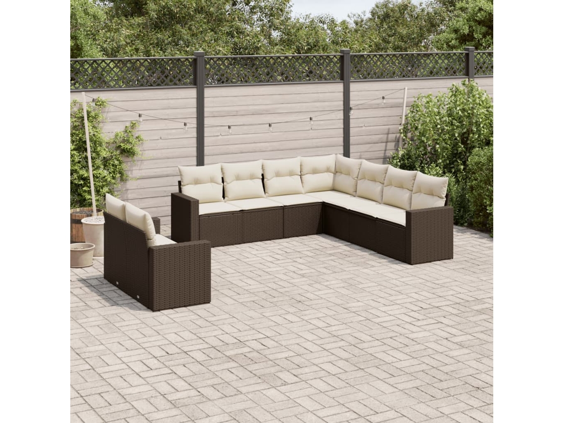 Vidaxl 9 Pcs Conjunto Sofás P/ Jardim C/ Almofadões Vime Pe Castanho
