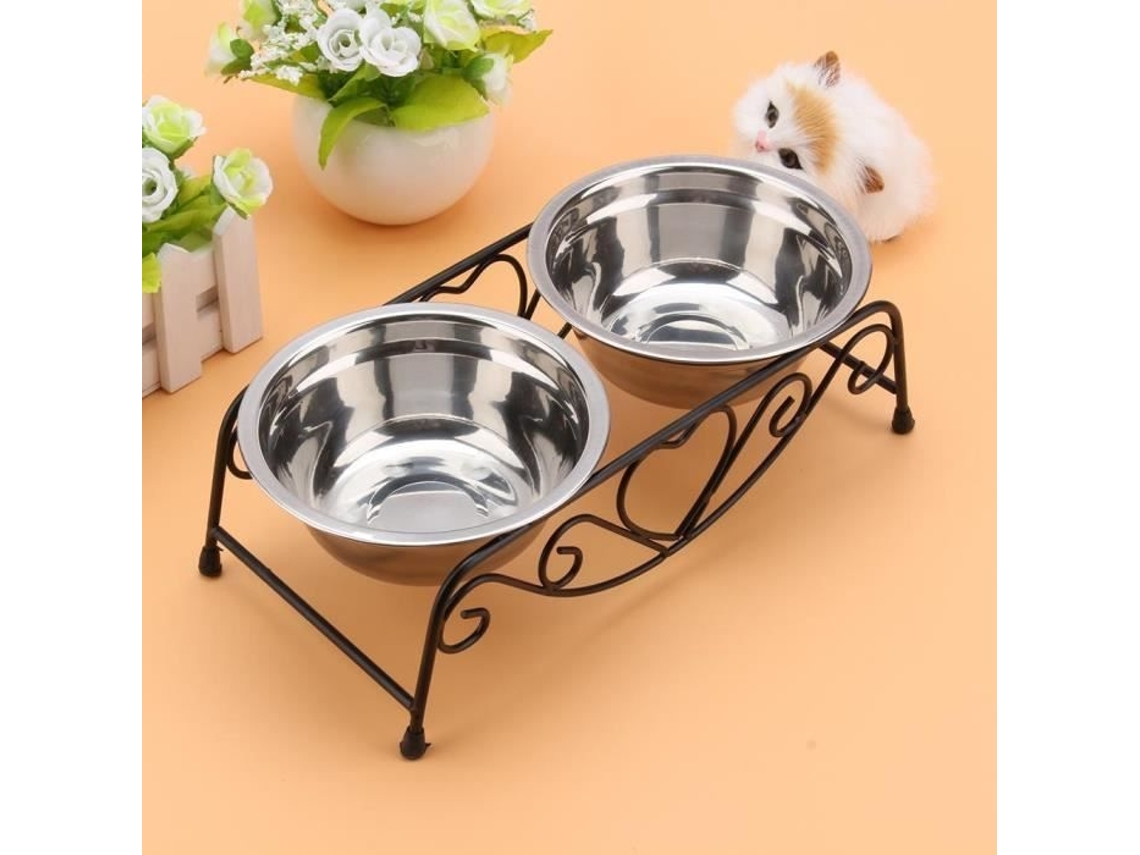 Bandeja com Suporte e Duas Tigelas de Aço Inoxidável para Ração de Animais de Estimação. Conjunto para Cães e Gatos AQUAFORGE