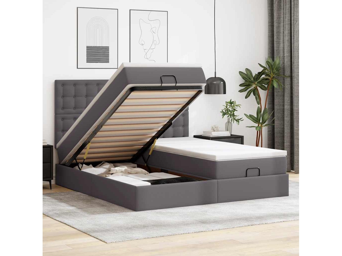 Vidaxl Estrutura De Cama Otomana Com Colchão Cinza Couro Falso