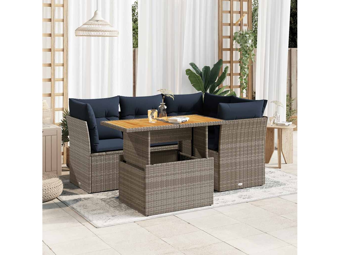 Vidaxl 5 Pcs Conjunto Sofás De Jardim C/ Almofadões Vime Pe Cinzento