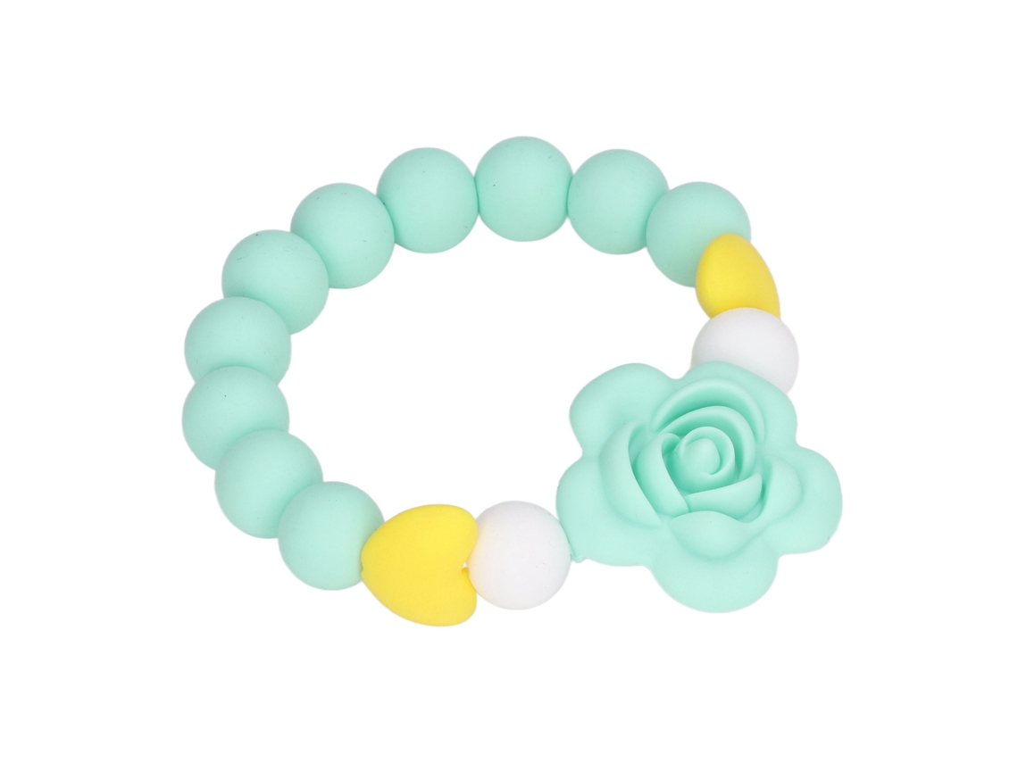 Pulseira de silicone resistente e segura para morder, com estampa floral, cor menta, modelo 2026.