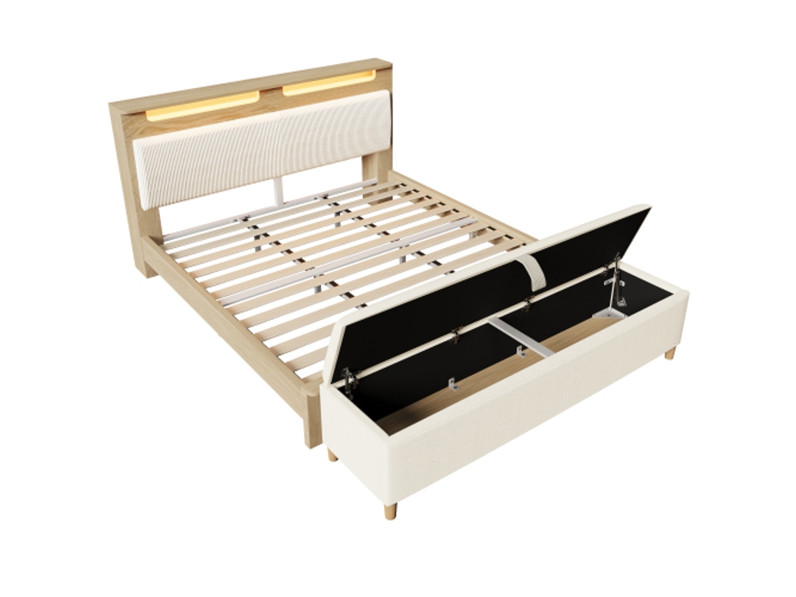 Cama De Casal De Madeira 18×2cm Com Banco,cabeceira Com Espaço De Arrumação, Iluminação Led E Encosto Estofado Em Veludo Cotelê Bege(sem Colchão)