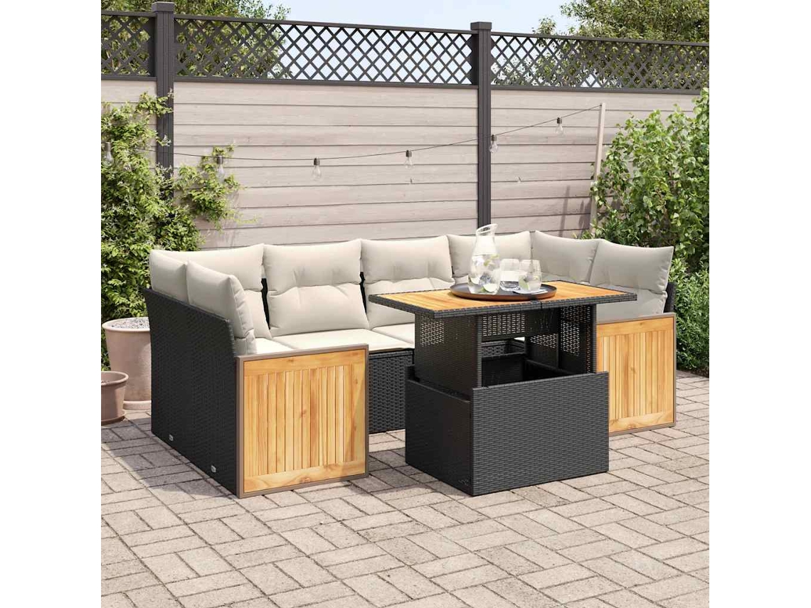 Vidaxl 7 Pcs Conjunto Sofás Jardim C/ Almofadões Vime Pe/acácia Preto