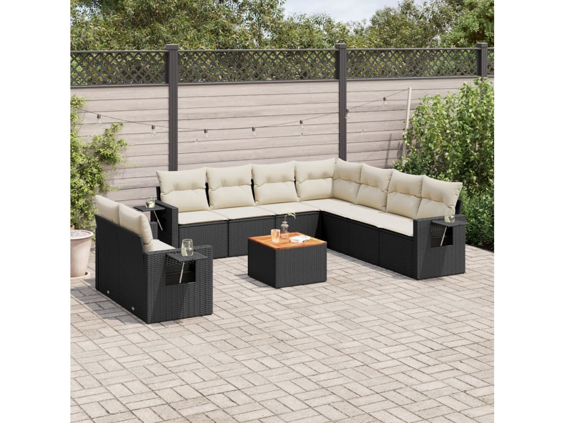Vidaxl 10 Pcs Conjunto Sofás De Jardim C/ Almofadões Vime Pe Preto