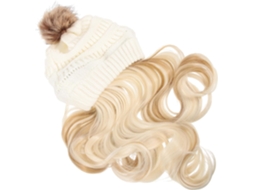 Touca De Tricô Branca Ciieeo Com Aplique De Cabelo Longo Ondulado Dourado, Design Removível.