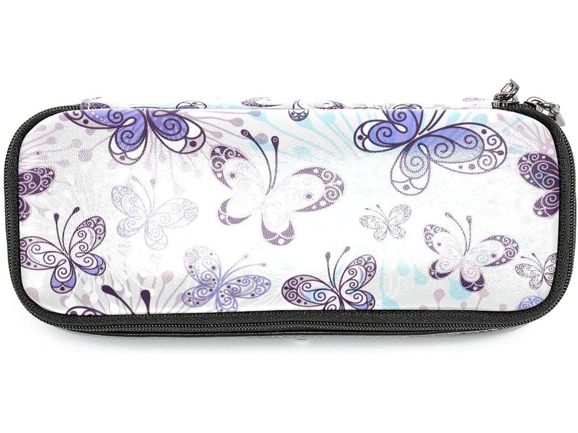 Conjunto grande e espaçoso de lápis e marcadores com estampa de borboleta em estilo retrô, ideal para escola e mesa.