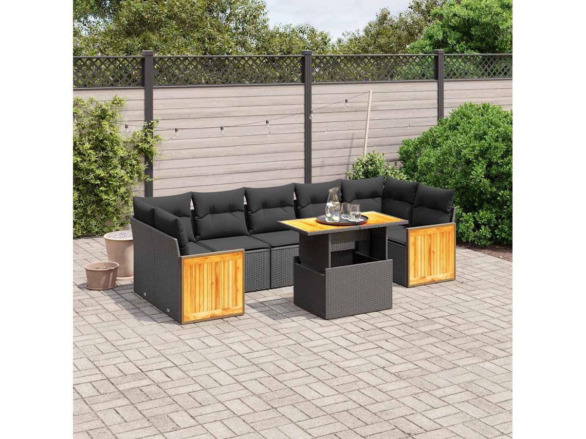 Vidaxl 8 Pcs Conjunto Sofás De Jardim Com Almofadões Vime Pe Preto