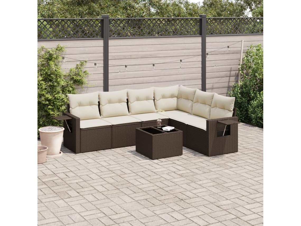 Vidaxl 7 Pcs Conjunto De Sofás Jardim C/ Almofadões Vime Pe Castanho