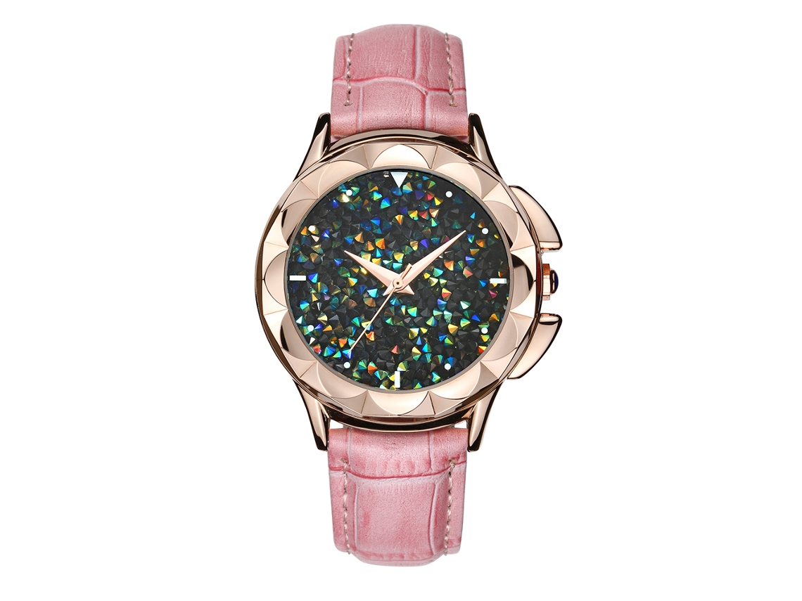 Relógio Feminino Analógico de Quartzo com Strass Pulseira de Couro Rosa Flor