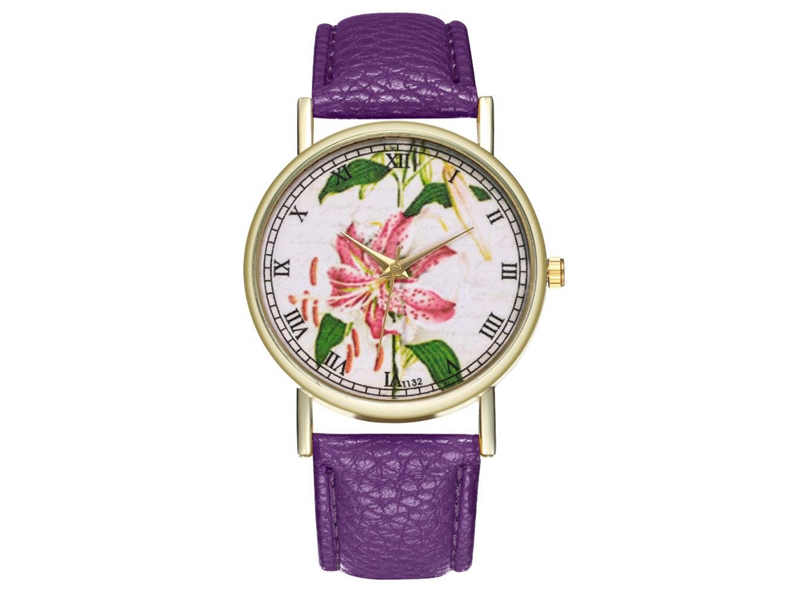 Relógio Analógico de Quartzo com Pulseira Pu Floral Estiloso para Mulher (roxo)