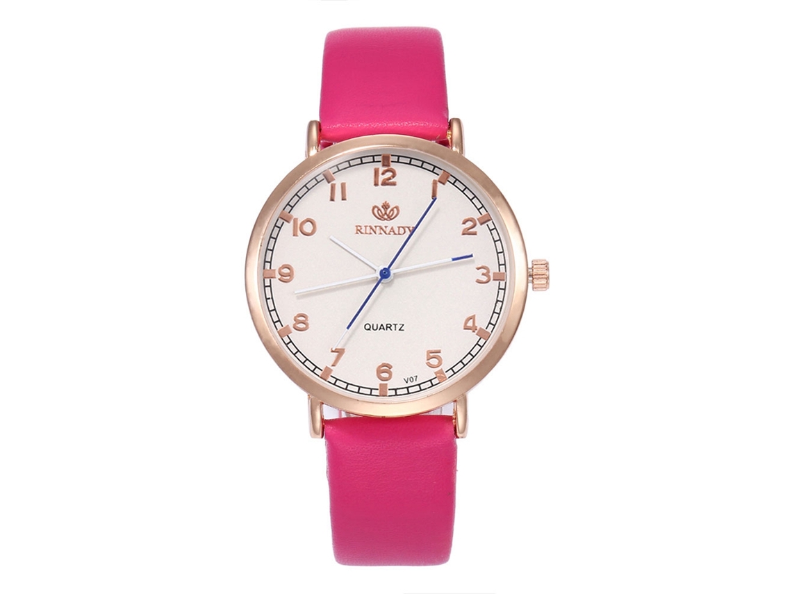 Relógio de quartzo moderno com pulseira de couro PU para casais, mostrador redondo simples, nas cores vermelho e rosa.
