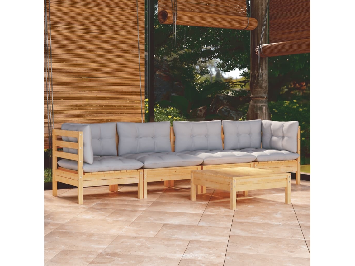 Conjunto 5 Peças Lounge De Jardim Almofadões Cinza Pinho Maciço Dkd Home Decor