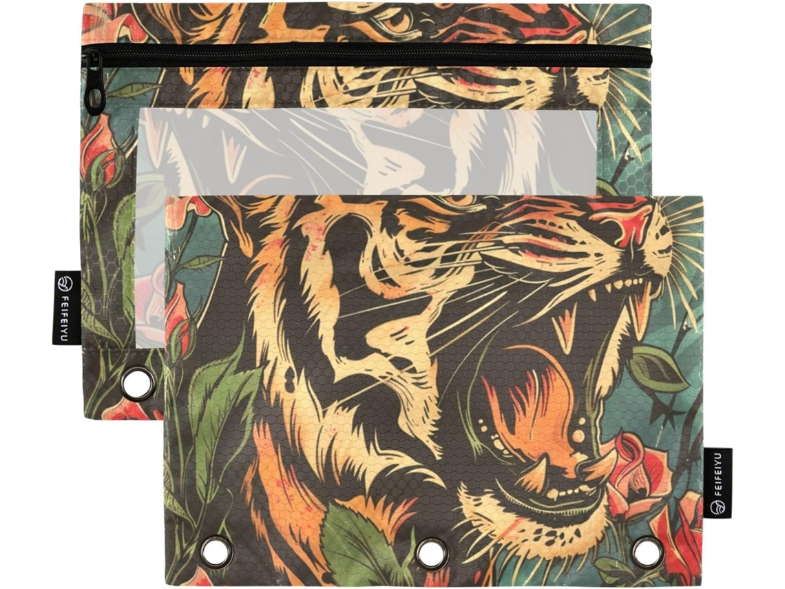 Angry Tigers And Roses Pasta Organizadora Doméstica Com Estojo Transparente Lápis, Grande E Resistente, 3-argolas