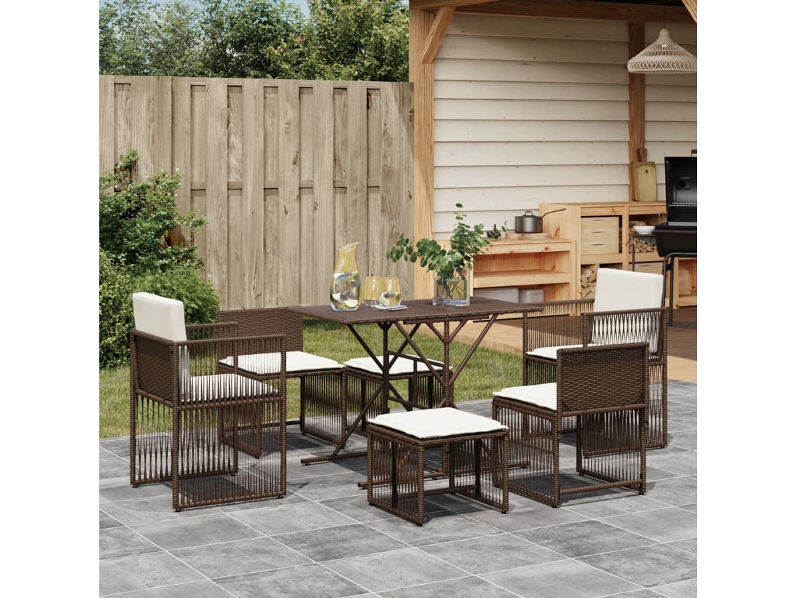 Vidaxl 7 Pcs Conjunto Jantar P/ Jardim C/ Almofadões Vime Pe Castanho