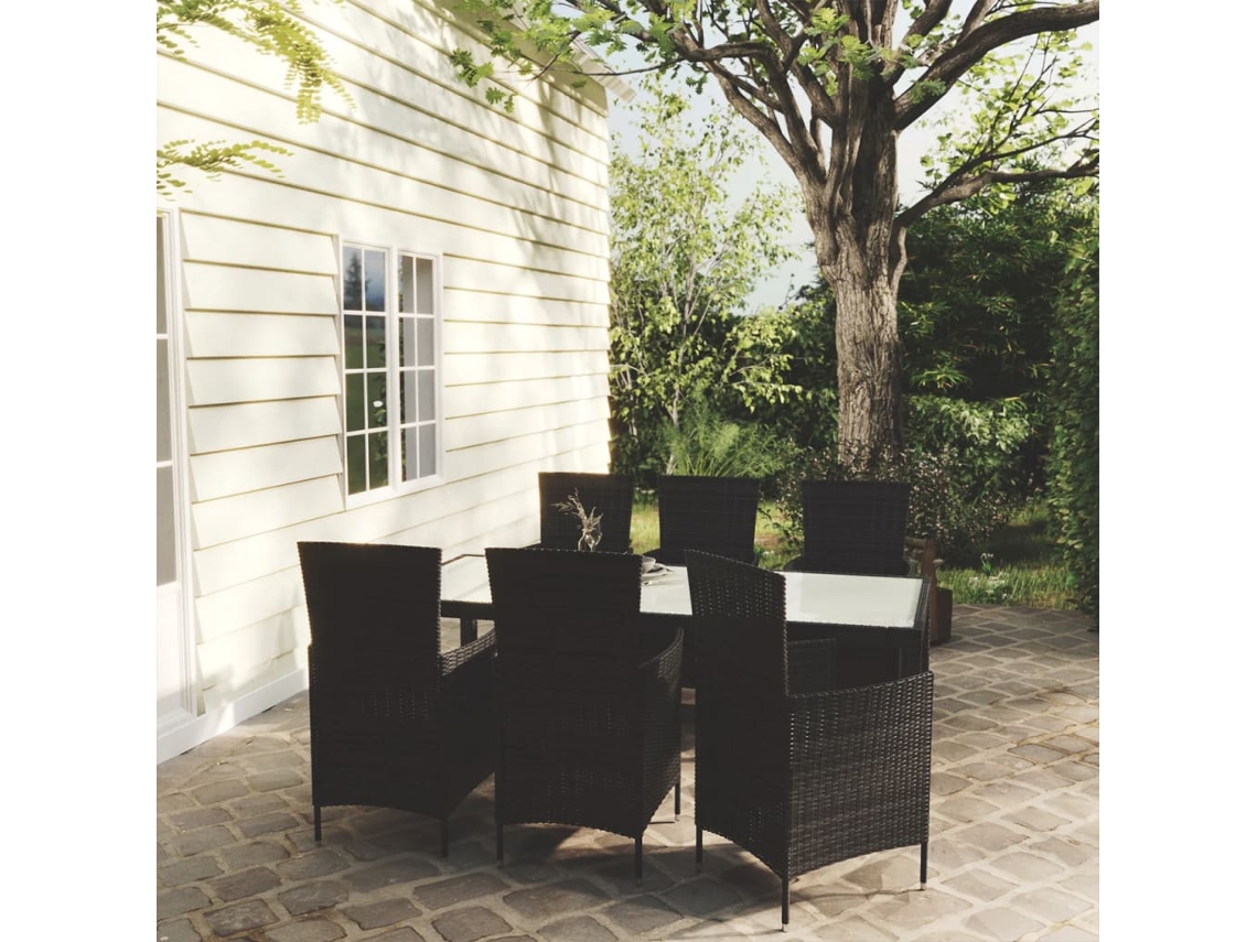 Vidaxl 7 Pcs Conjunto Jantar Exterior Com Almofadões Vime Pe Preto