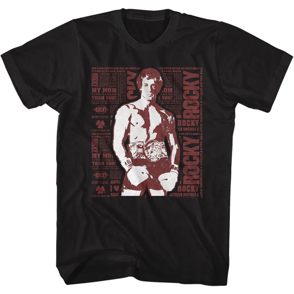 Unisex Adult T-shirt Rockinstone Rocky Movie Newspaper Print Black Sizes