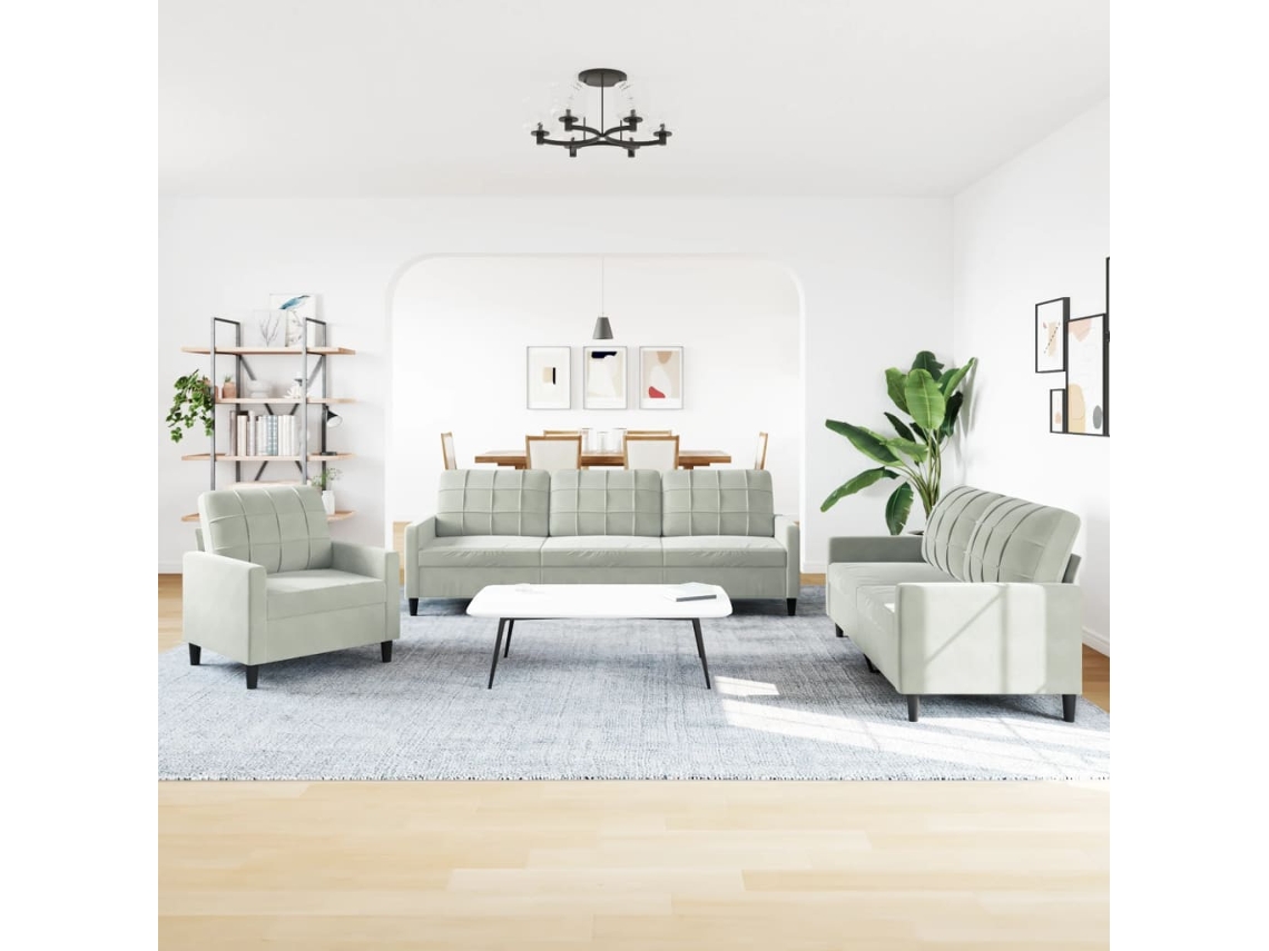 3 Pcs Conjunto de Sofás com Almofadões Veludo Cinzento claro SYFAX