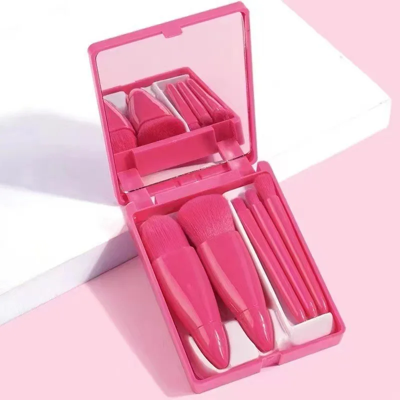 Conjunto Portátil De 5 Pincéis De Maquiagem Com Espelho (rosa) - Conjunto Multifuncional Para Armazenamento